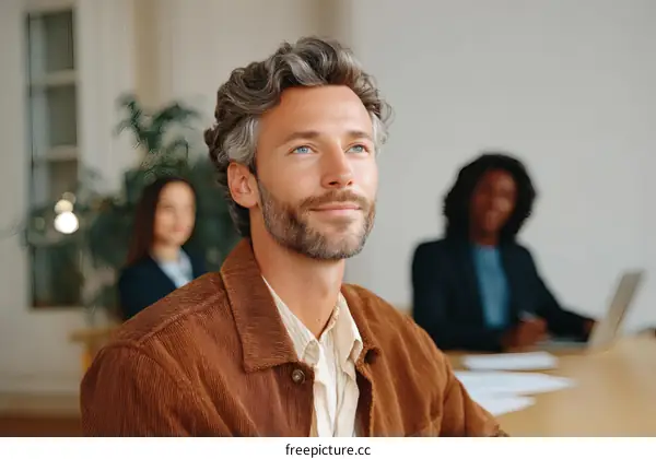 Caucasian Man Looking Upward in Business Meeting