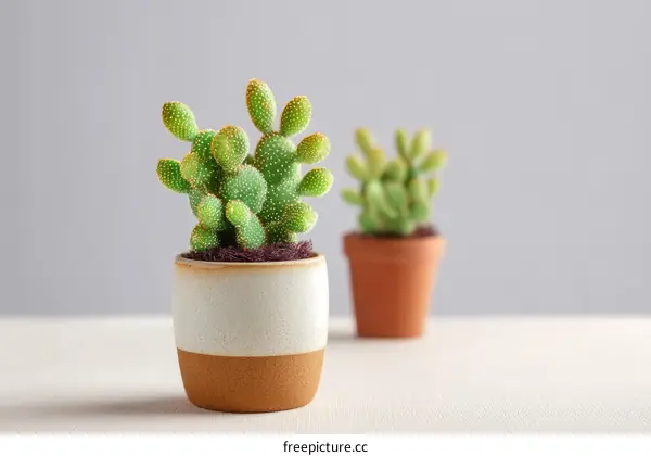 Miniature Cactus in Terracotta Pot on White Table