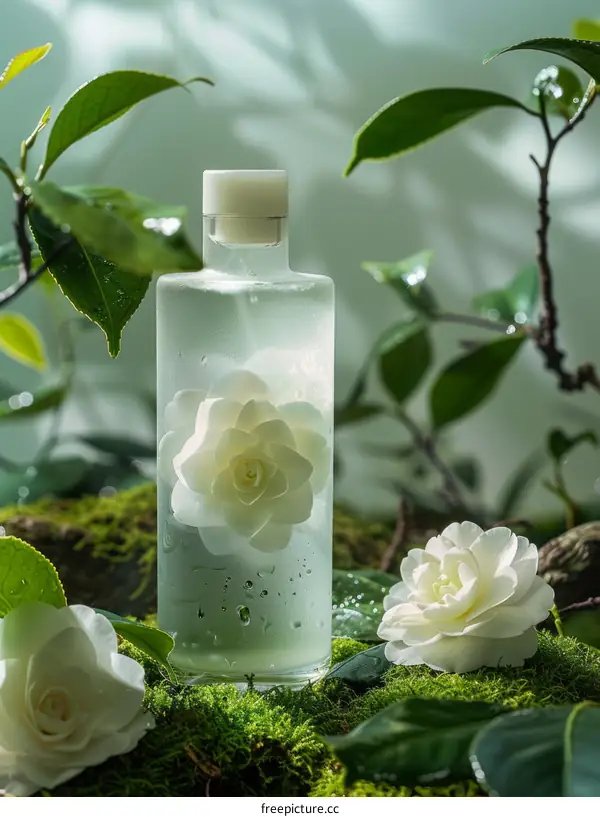 Close-up of a bottle of perfume with a white flower on a background of green leaves
