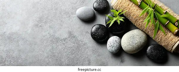 Spa stones and bamboo towels on a gray surface