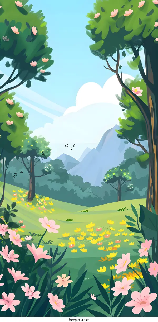 Beautiful Spring Landscape with Pink Flowers and Green Trees