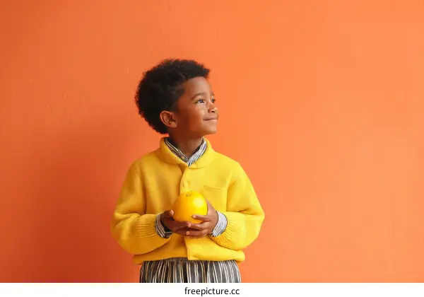 Smiling Child Holding a Fruit Against Orange Background