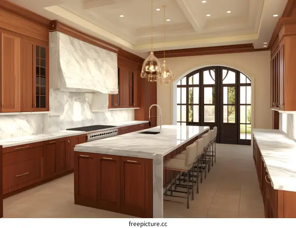 Modern Kitchen Design with Marble Countertops and Wooden Cabinets