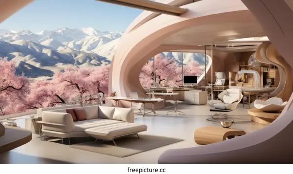 Modern Home Office with Mountain View and Sakura Tree