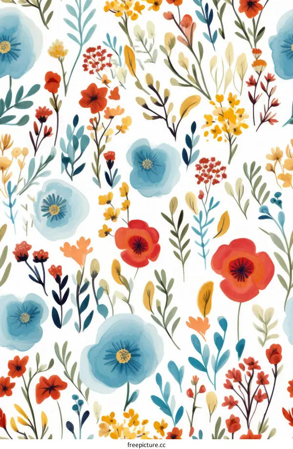 Colorful floral pattern with red, blue, and yellow flowers