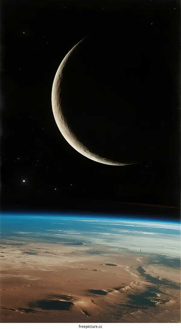 Crescent Moon Over Earth's Surface with Stars in Space