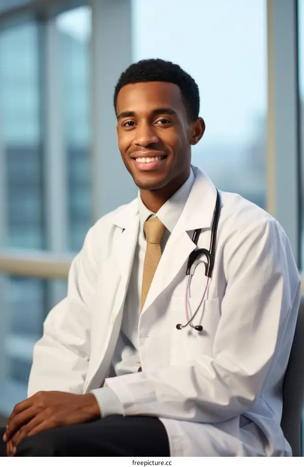 A young African-American male doctor is sitting in a chair and smiling at the camera.