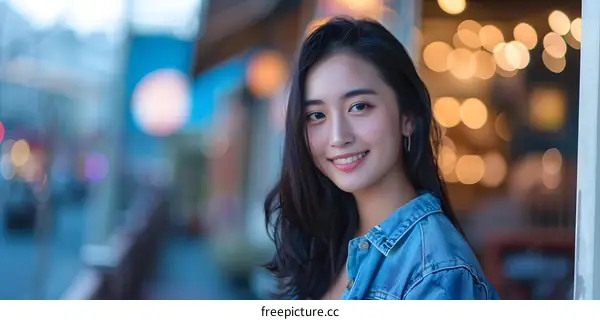 Smiling Asian Woman in Denim Jacket at Night