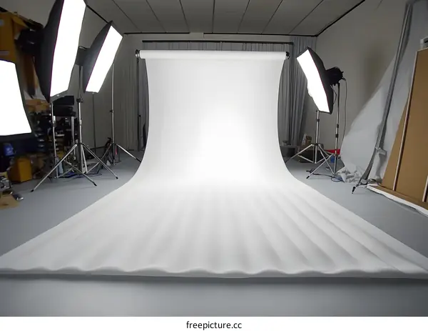 White Backdrop In Photography Studio With Lighting Equipment