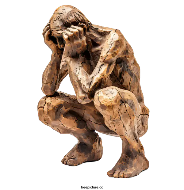 [Transparent Background PNG]Wooden Sculpture of a Man in Despair
