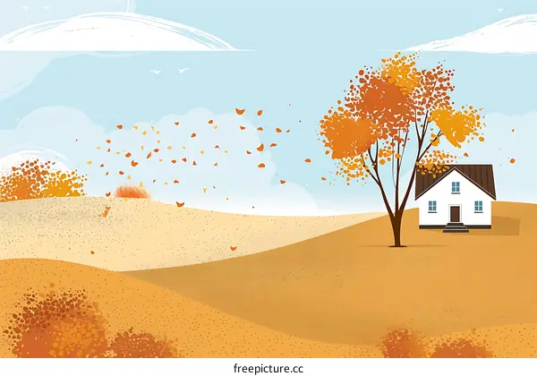 Autumn Landscape with a House and Falling Leaves