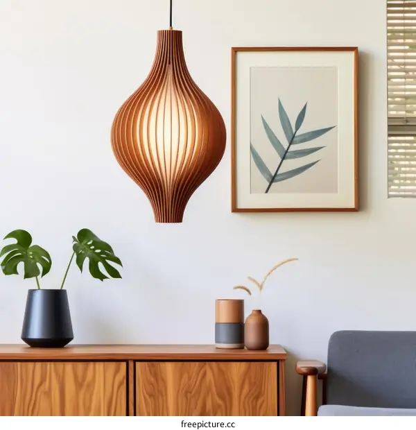 Mid-Century Modern Wooden Pendant Lamp with Geometric Pattern