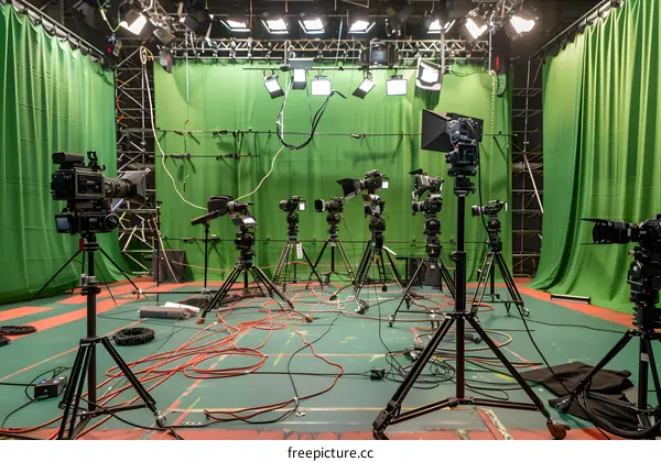 Professional Studio Setup with Multiple Cameras and Green Screen