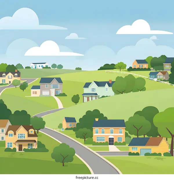 Suburban Houses Illustration With Green Landscape
