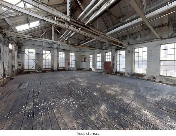 Old Abandoned Factory Building Interior with Wooden Floor and Large Windows