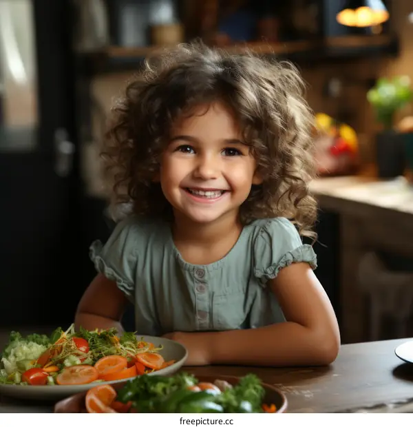 Portrait of a happy little girl with curly hair sitting at the dinner table