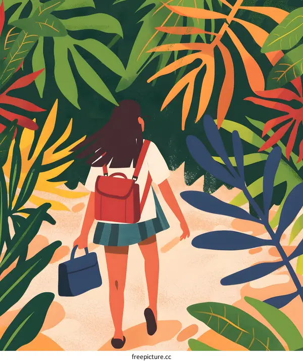 Woman Walking Through Tropical Plants Illustration