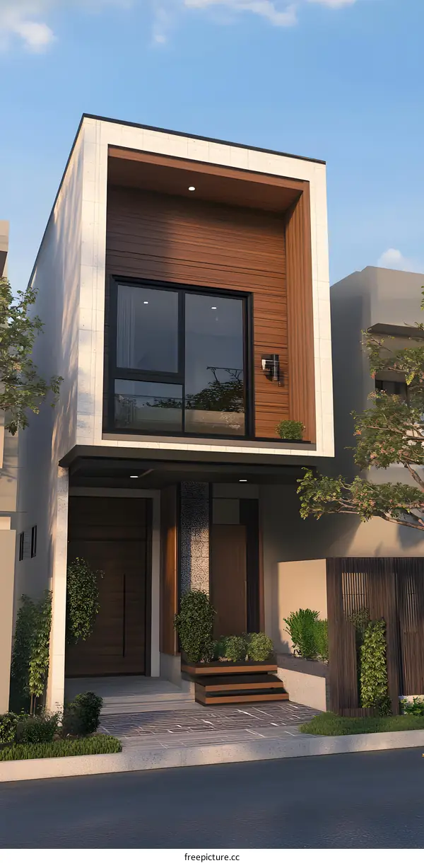 Modern Minimalist House Design with Wooden Facade and Green Plants
