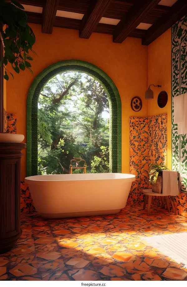 Modern Bathroom With Arch Window and Green Plants