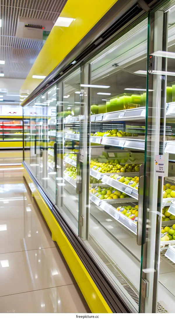 Yellow Refrigerated Display Case In Grocery Store