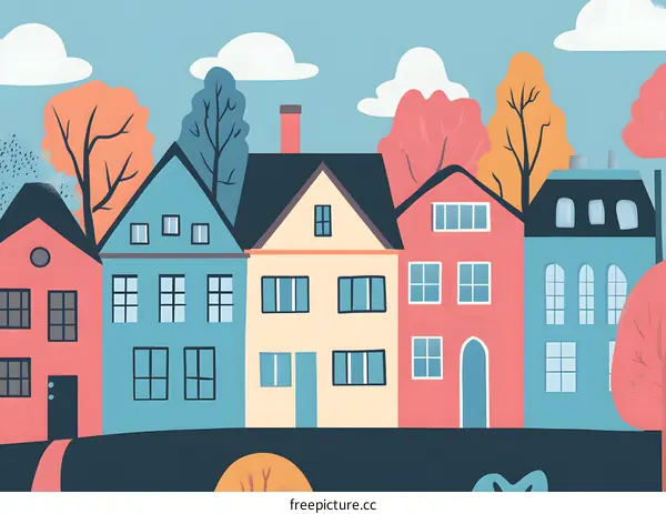 Colorful Row Houses With Blue Sky And Clouds Illustration