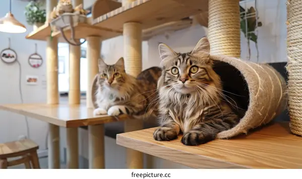 Two cute cats relaxing in a cat cafe