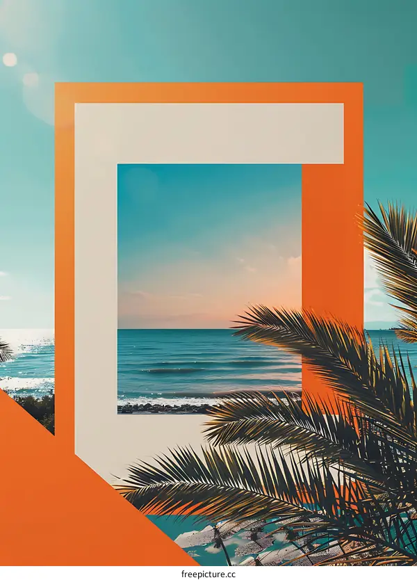 Tropical Sunset Beach Minimalist Background with Palm Leaves and Ocean View