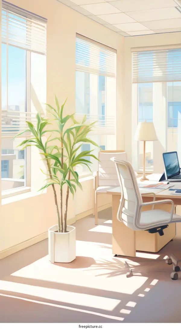 Sunlight filled home office with large windows and a potted plant