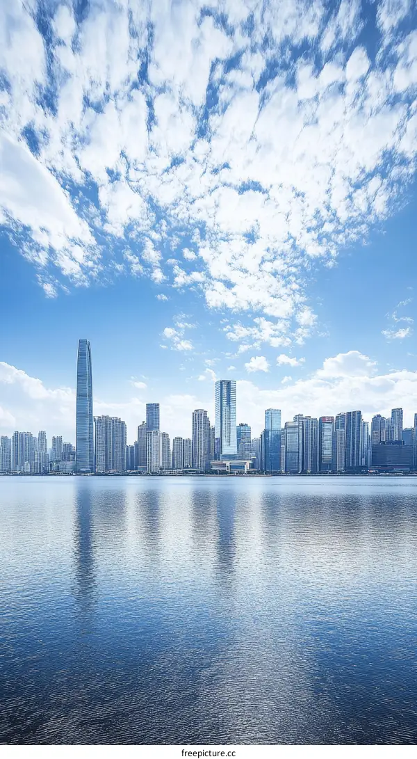 Modern City Skyline Reflecting on Water with Cloudy Sky