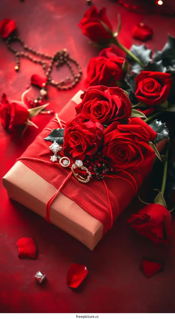 Red roses and a gift box