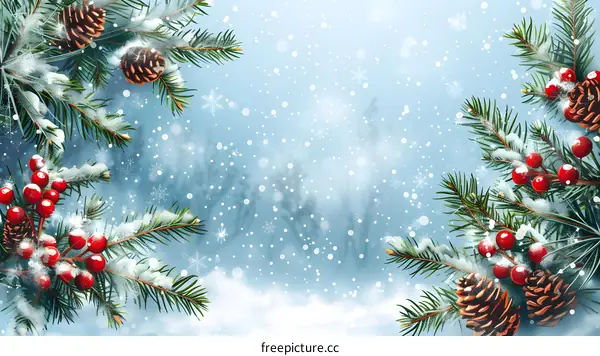 Christmas background with fir branches and red berries covered with snow