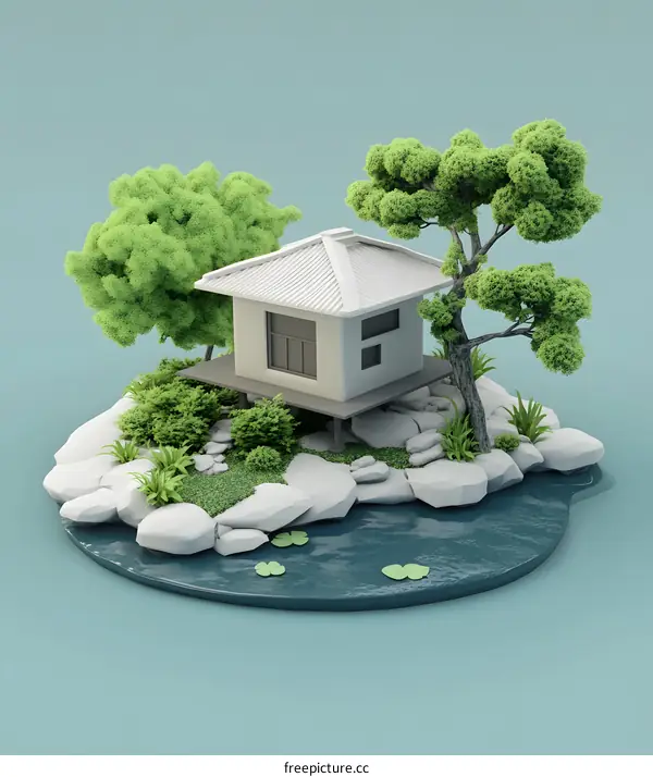 Minimalist 3D Illustration of a Small House on an Island