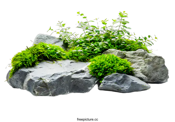 [Transparent Background PNG]Green Moss on Grey Rocks Isolated on White Background