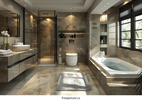 Modern Bathroom Interior Design with Shower, Bathtub, and Marble Tiles