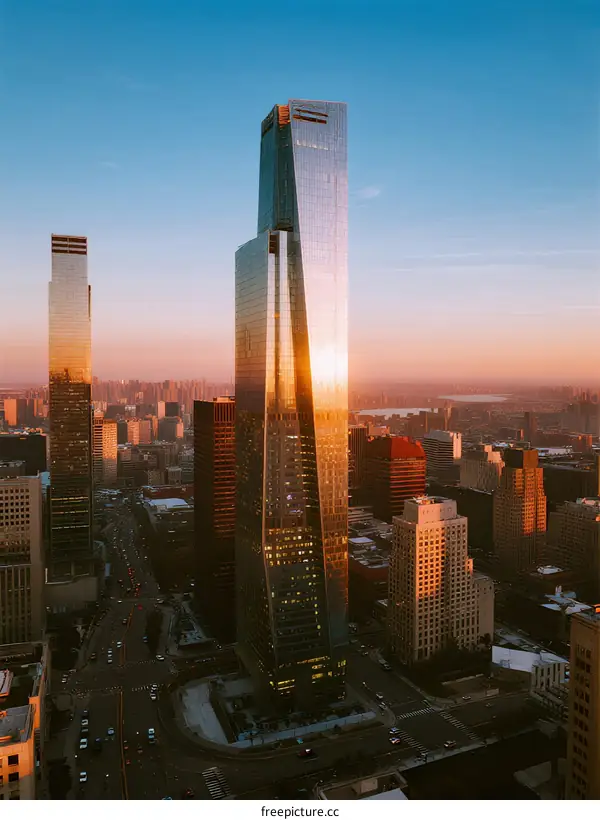 Modern Skyscrapers Glowing at Sunset in Urban Setting