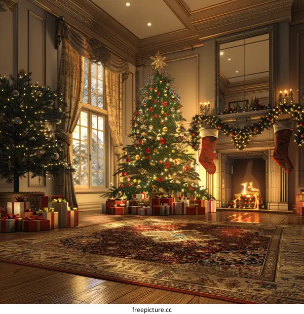 Christmas Living Room with Tree, Presents, and Fireplace