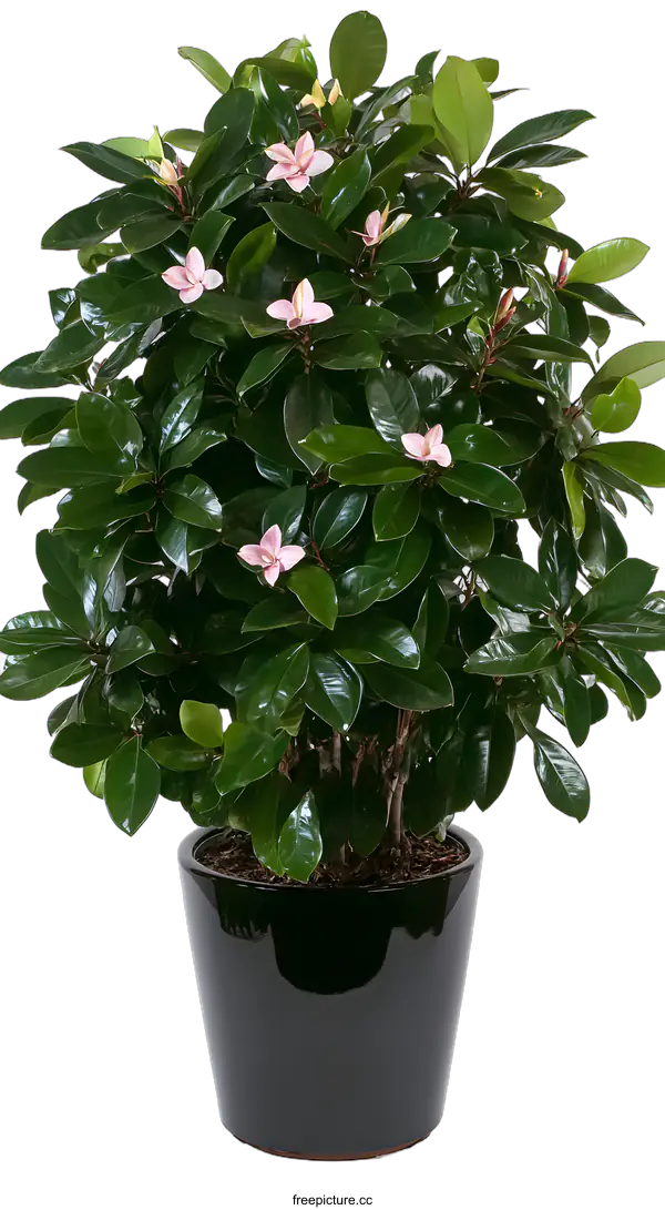 [Transparent Background PNG]Pink Flowers On Green Bush In Black Pot