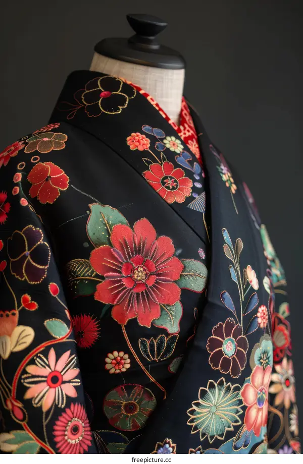 Black kimono with colorful floral embroidery