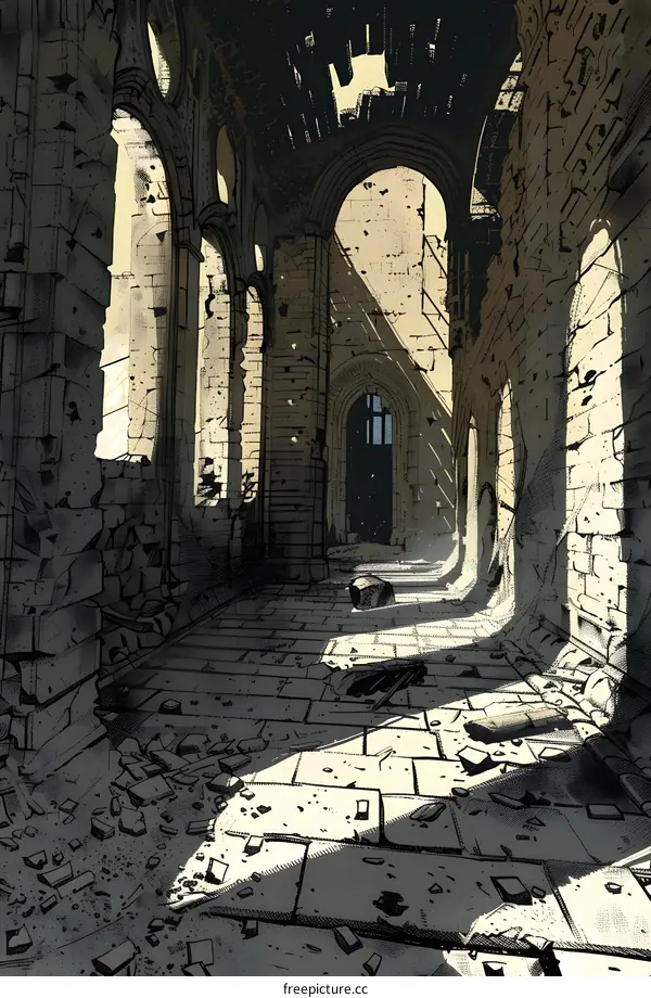 Ruined Medieval Hallway With Light Streaming Through