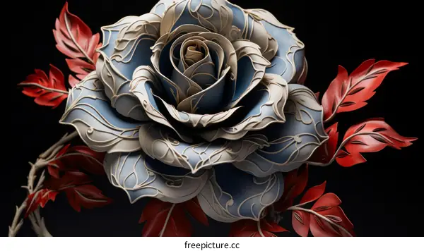 Blue Rose Adorned with Vivid Crimson Foliage