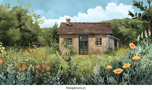 Watercolor Illustration of a Small House in the Woods