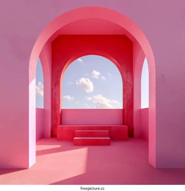 Minimalist Pink Abstract Room with Arches and Podium