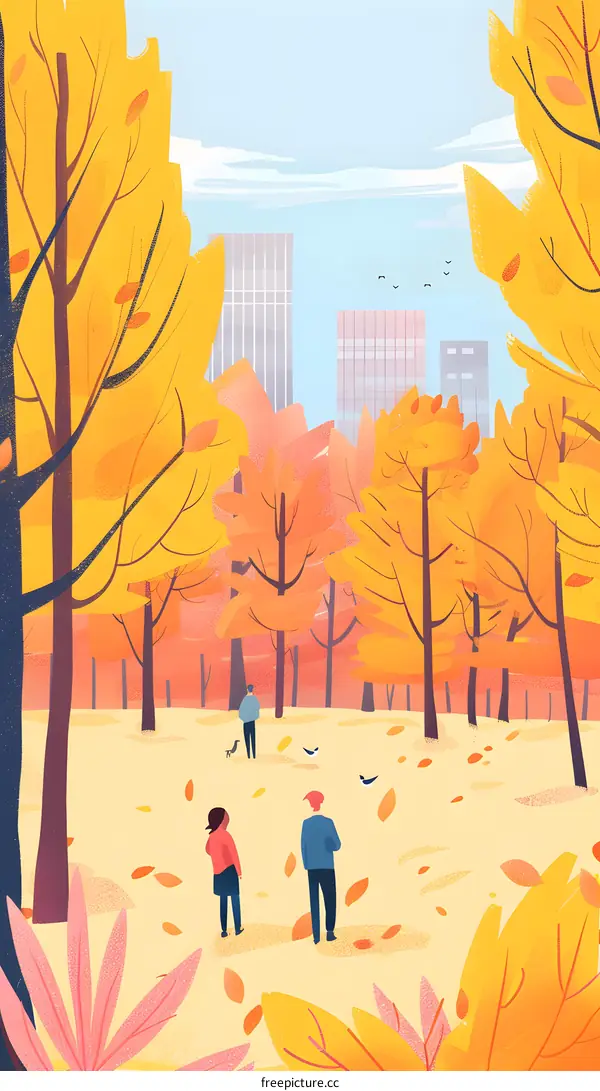 Autumn Forest with People and City Skyline