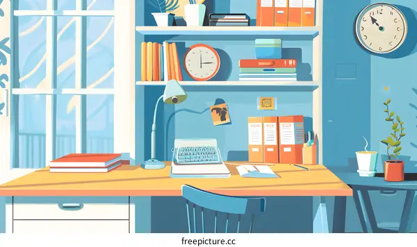 Vintage Typewriter on Wooden Desk in Blue Room