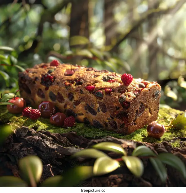 Fruitcake Heaven: Close-up of a Lushly Frosted Fruitcake in the Forest