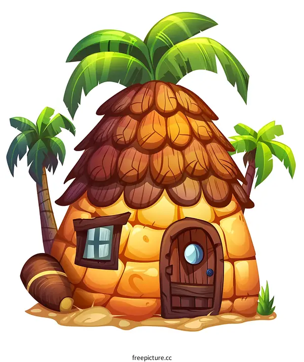 Cartoon Illustration of a Pineapple House with Palm Trees