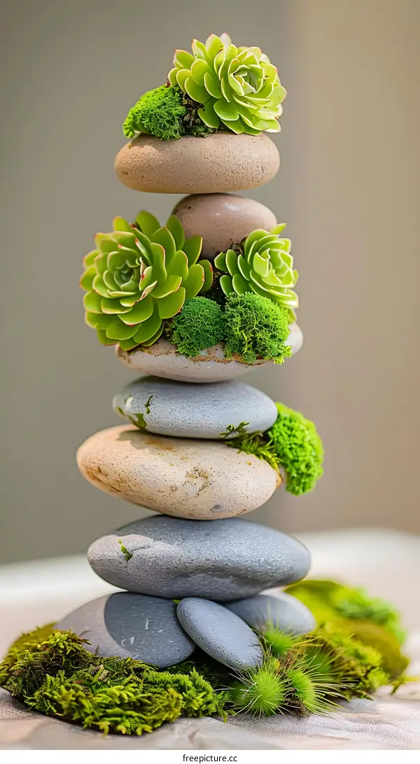 Stacked Stones with Succulents and Moss