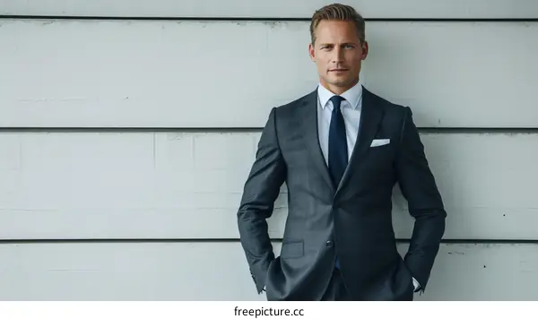 A man in a suit standing in front of a white concrete wall with his hands in his pockets