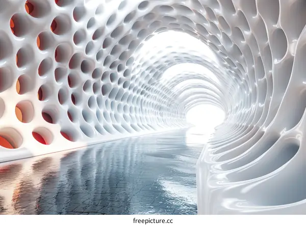 Futuristic Tunnel with Glowing Red and White Walls and a Reflective Floor