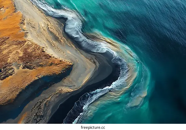 Aerial View of Black Sand Beach and Ocean Waves